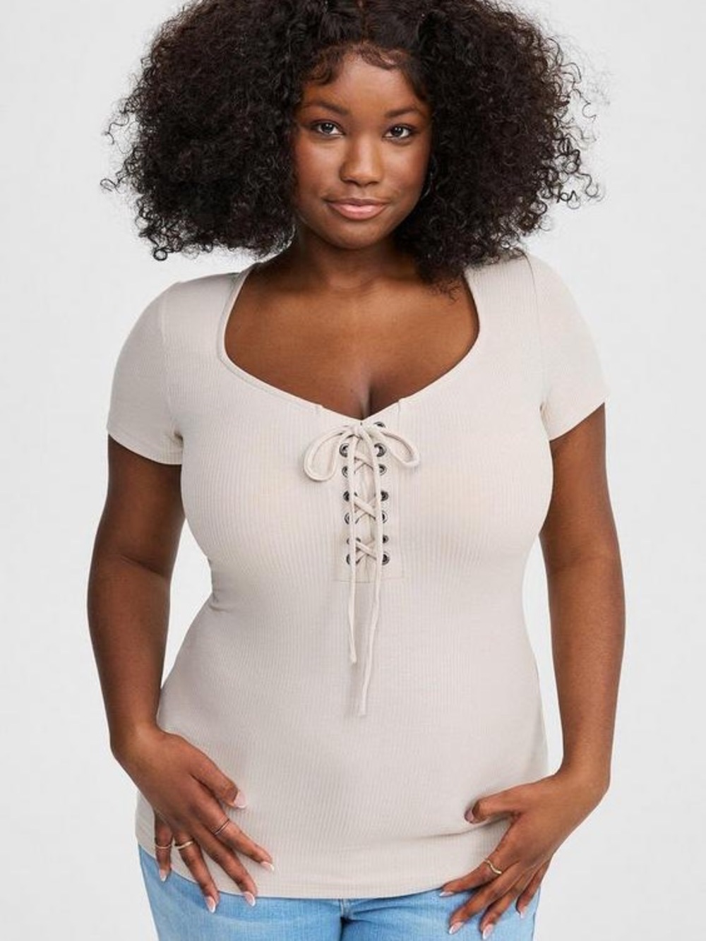 torrid Lace-Up Ribbed Scoop Neck Top - Beige